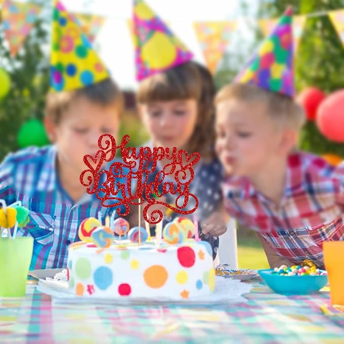 Gyufise Happy Birthday Cake Topper Glitter Cake Pick for Celebrating Anniversary Party Cake Decorations Supplies - Red (1Pcs)