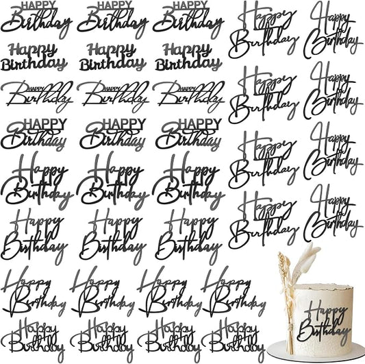 Barydat 50 Pcs Happy Birthday Cake Toppers Bulk Mirror Acrylic Cupcake Topper Decorations Happy Birthday Sign for Cake Inserts Decor Celebrate Anniversary Theme Party Supplies 10 Style(Black)