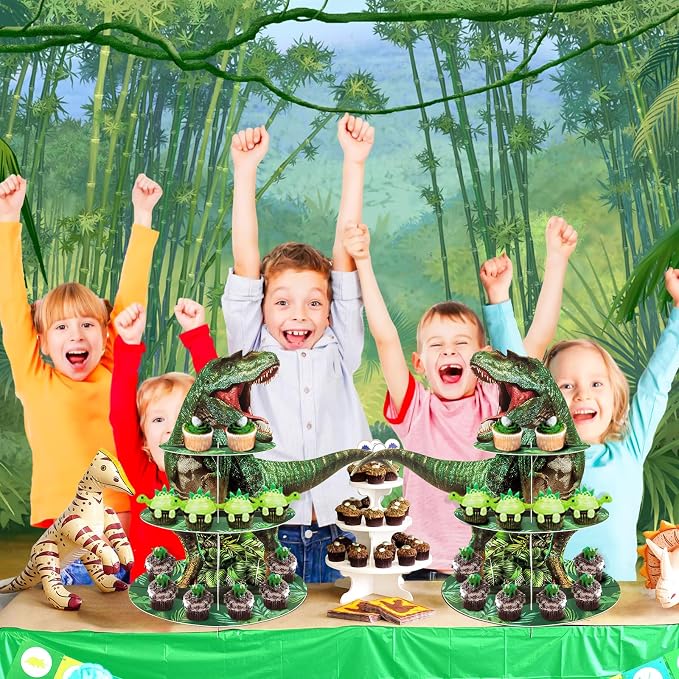 BACUTHY 2 Pack Cupcake Stand Dinosaur Birthday Party Decorations Favors, Dinosaur Cup Cake Toppers Towers Three Rex Baby Shower Supplies for Boy&Girl