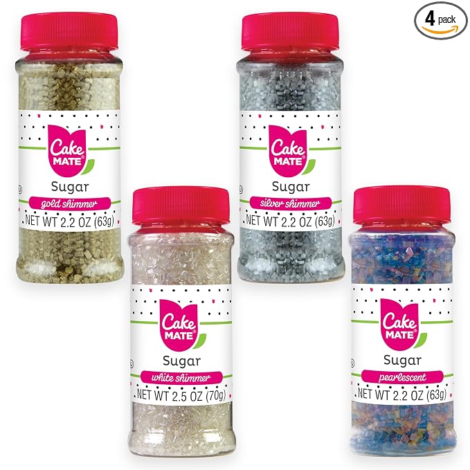 Cake Mate Shimmer Decorating Sugar 4-Pack – Gold, Silver, White, and Pearlescent – Edible Decorating Sugar for Cookies, Cupcakes, and Holiday Treats – 2.2–2.5 oz Bottles