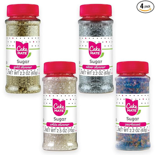 Cake Mate Shimmer Decorating Sugar 4-Pack – Gold, Silver, White, and Pearlescent – Edible Decorating Sugar for Cookies, Cupcakes, and Holiday Treats – 2.2–2.5 oz Bottles