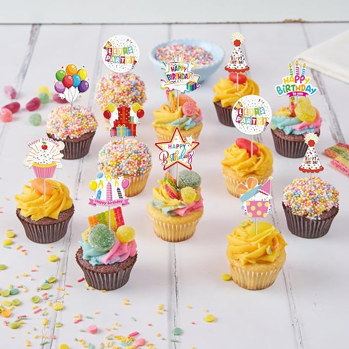40 PCS Happy Birthday Cupcake Toppers Balloon Star Cheers Party Time Firework Cupcake Pciks Happy Birthday Cake Decorations for Celebrating Anniversary Theme Party Cake Decorations Supplies Colorful