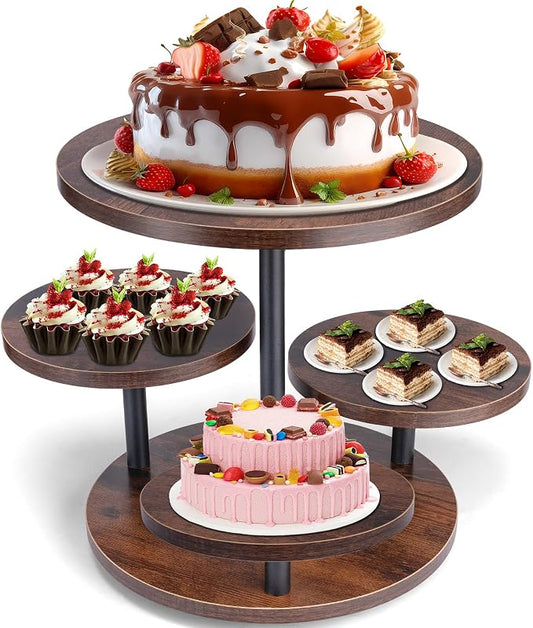 Cupcake Stand, 4 Tier Round Wood Cupcake Tower Stand for 50 Cupcakes, Rotatable Wooden Tiered Display Stand with Tiered Tray, Rustic Cupcake Stands for Birthday Wedding Baby Shower Graduation Party