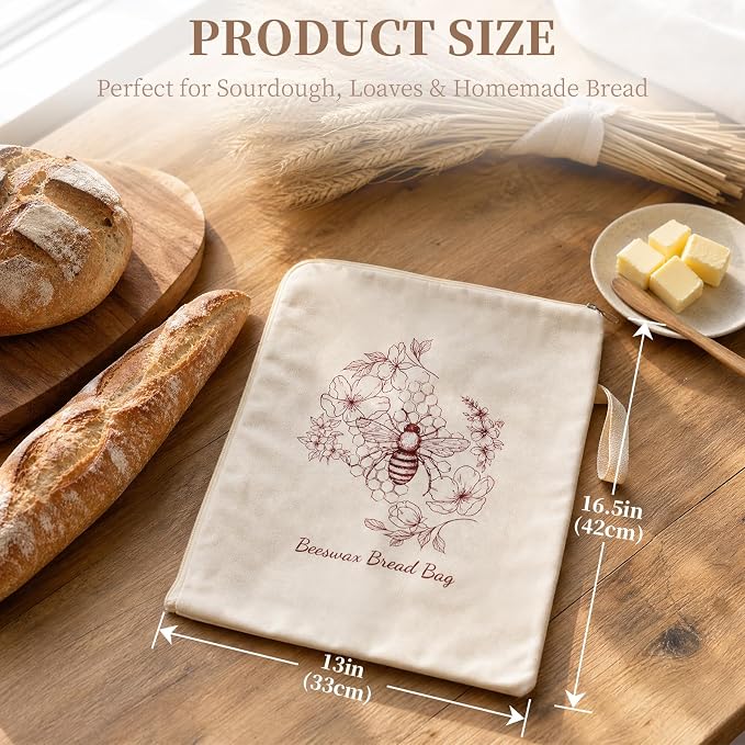 Beeswax Sourdough Bread Bags with Wide Zipper Access, 2 Pack XL 13" x 17" Reusable Linen Cotton Bread Bags for Homemade Bread, Helps Maintain Crust & Freshness (Double-Sided Print Design)
