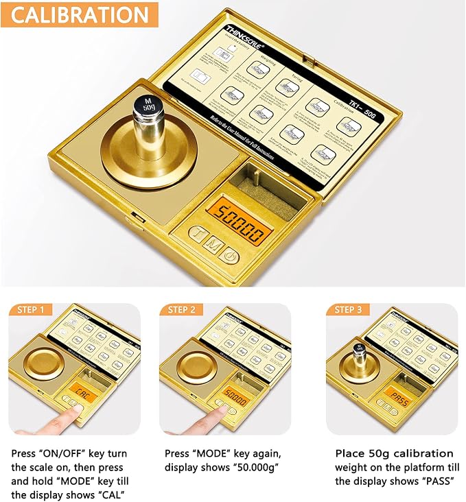 THINKSCALE Milligram Scale 50g x 0.001g, Powder Scale for Reloading Gold | Mg Scale for Powder & Reloading, 50g Calibration Weight, Scoop, Pan, Tweezers, Tare, LCD Display