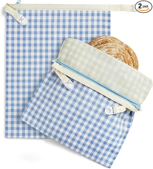 BRONYPRO Reusable Beeswax and Linen Bread Bags with Zipper, 2-Pack Waxed Bread Bags for Homemade Bread & Sourdough, Sustainable Loaf Storage to Lock in Freshness, Large 17x12.6in, Blue Gingham