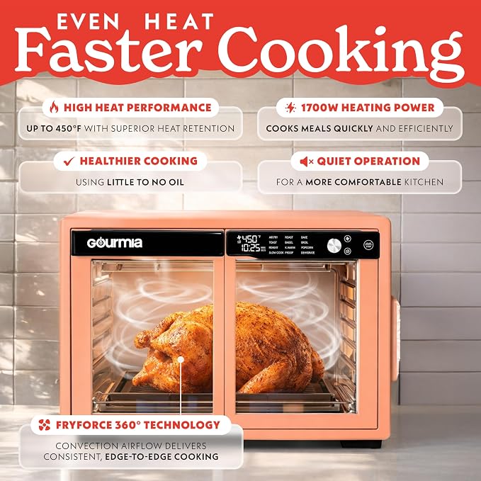 Gourmia French Door Air Fryer Oven - 37 Qt Large Capacity Convection Toaster Oven, FryForce 360°, Digital Display, 12 Cooking Presets, Dehydrate, Fits 13” Pizza, Dishwasher-Safe, Peach