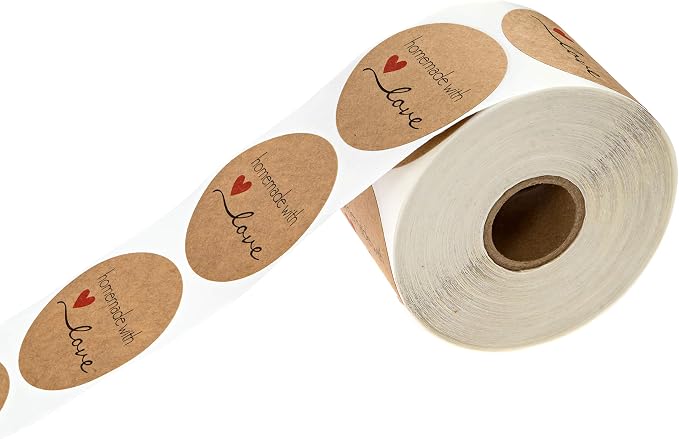 2" Brown Kraft Homemade with Love Stickers/Roll of 500 Crafting Labels / 2 Inch Diameter Round Canning Crafting Project Label/Made in The USA