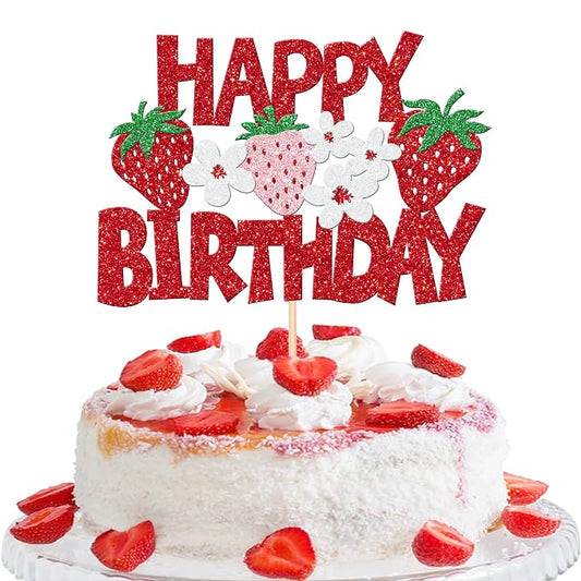1 PCS Strawberry Happy Birthday Cake Topper Red Glitter Flower Fruit Strawberry Cake Pick Berry Birthday Cake Decoration for Strawberry Theme Baby Shower Birthday Party Cake Decorations Supplies