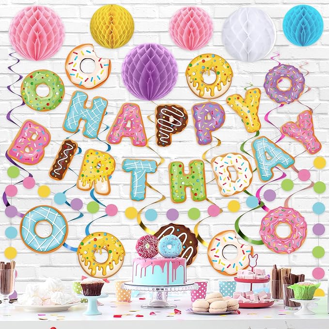 Pasimy 34 Pcs Donut Happy Birthday Banner Donut Party Decorations Doughnut Grow Hanging Swirls Candyland Wall Decor Honeycomb Balls and Dot Garland for Doughnut Birthday Baby Shower Party Supplies