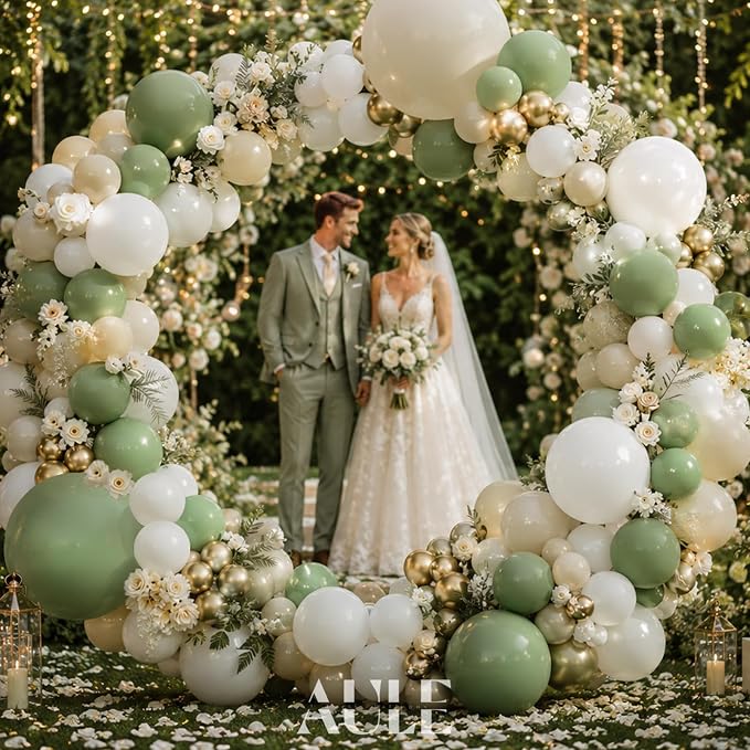 AULE Sage Green Balloon Arch Kit 155Pcs Olive Dusty Green Sand White Gold Balloons Garland for Wedding Birthday Graduation Anniversary Gender Reveal Baby Shower Theme Party Decoration