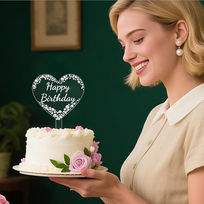 Coucoland Birthday Cake Topper - Heart Acrylic Cake Decor with Elegant Pearls for Party Supplies