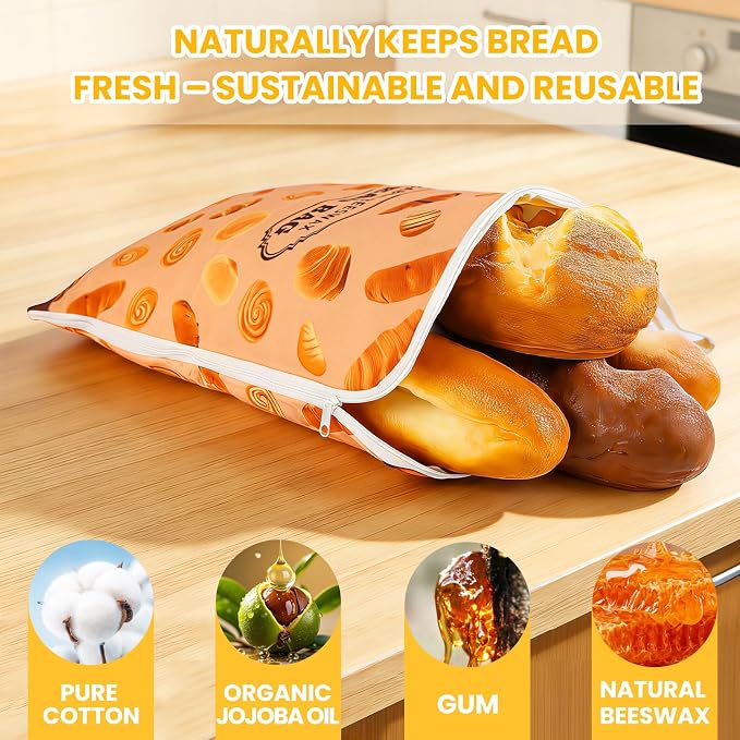 2 Pack Wide Zipper Access Beeswax Bread Bags for Sourdough Bread, Reusable Organic Linen Beeswax Bread Bag for Homemade Sourdough for Homemade Bag to Keep Fresh Longer, Kitchen Storage (Yellow)
