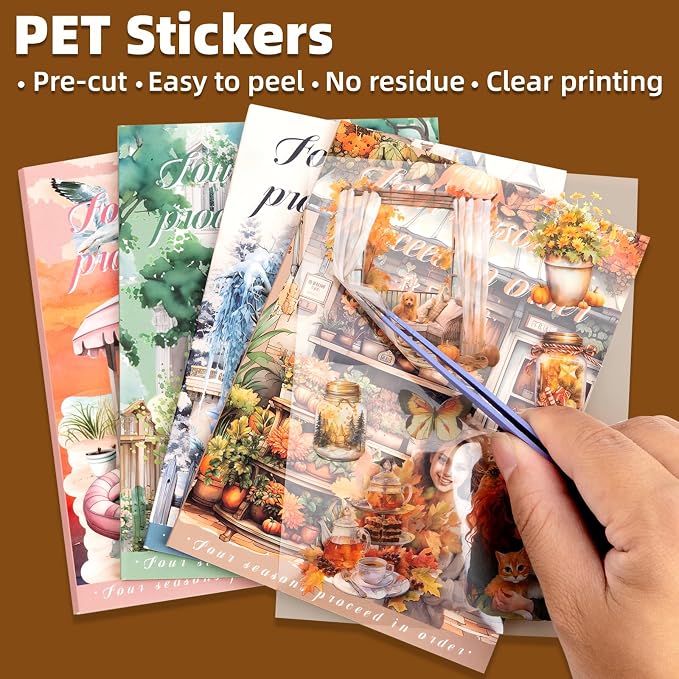 Four Seasons Style Stickers Scrapbooking Supplies for Junk Journal, Four Sticker Books, 80 Sheets PET Stickers
