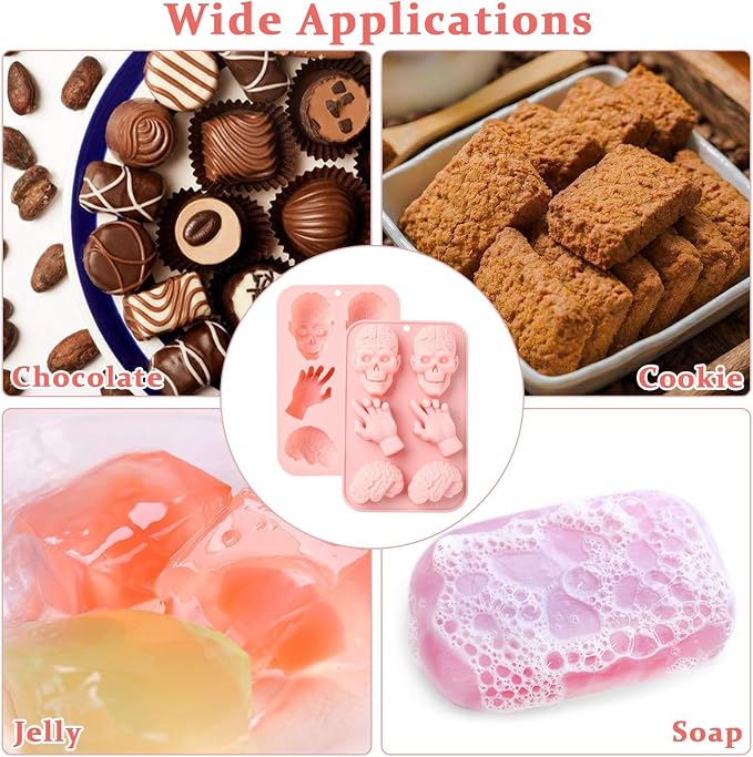 Ipotkitt 2pcs Pink Halloween Theme Silicone Candy Molds Skull Hand Brain Shaped Gummy Molds for Jelly Fondant Chocolate Candy Ice Cake DIY Crafts Keto Fat Bomb