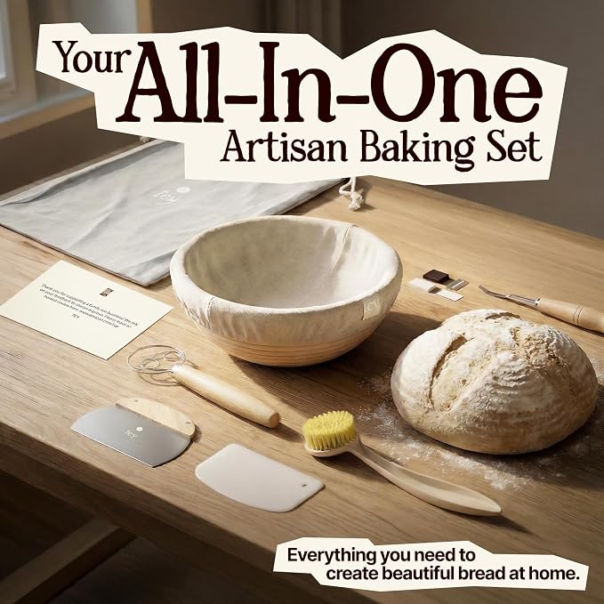 TEY 9'' Banneton Bread Proofing Basket Set – Natural Rattan Banneton with Linen Liner, Baking Tools & Accessories, Digital Recipe eBook, Artisan Sourdough Starter Kit, Homemade Bread Baking Gift Set