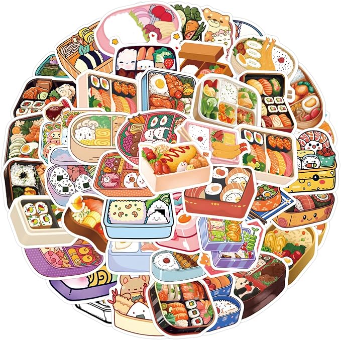 55 Pcs Cute Bento Box Stickers, Japanese Food Stickers, 2.16 Inch Waterproof Vinyl Stickers for Journals, Water Bottles, Laptops, Scrapbooking (Bento Box)