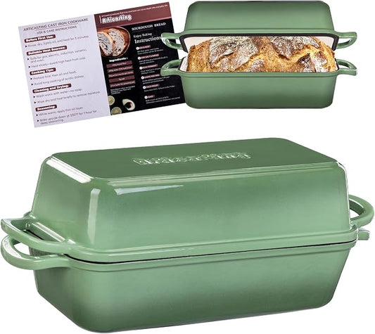 11x5 Inch Cast Iron Loaf Pan With Lid, 5.8 Qt Large Loaf Pans for Sourdough Bread Baking, Heavy Duty Dutch Oven Bread Pan For a Crispy Crust, Pistachio
