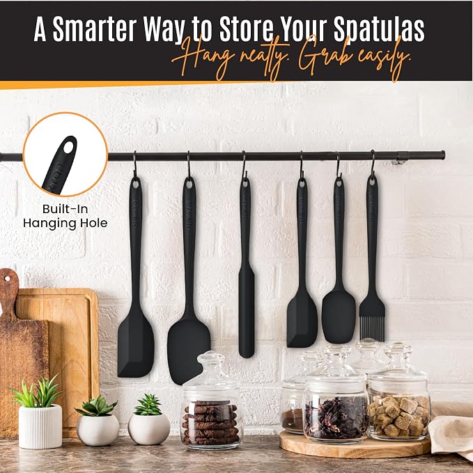 NEXTOP Silicone Spatula Set, 6-Piece Kitchen Utensil Set with Silicone Spatulas and Basting Brush, One-Piece Design for Mixing, Baking, Scraping, Stirring and Cooking, Nonstick Friendly (Black Set)