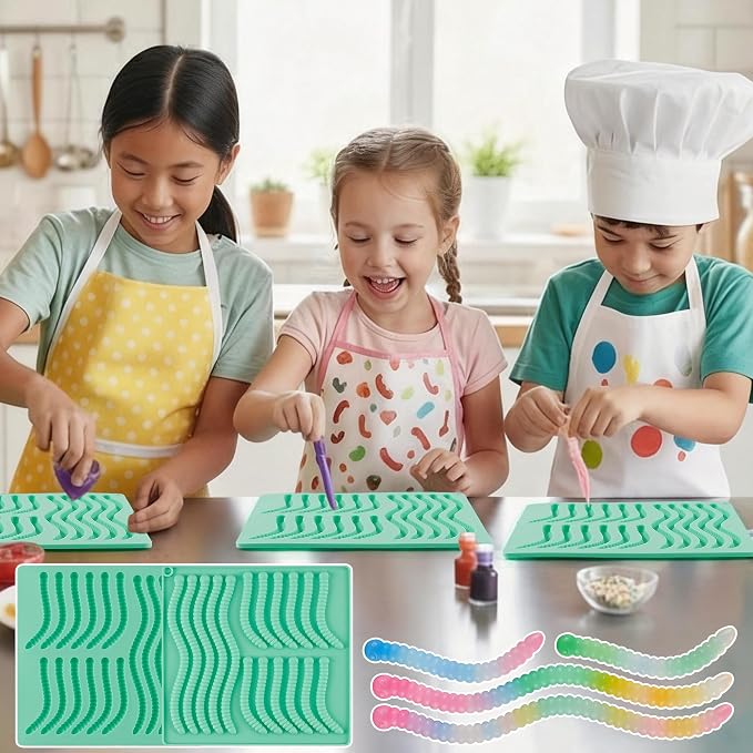 5PCS Silicone Gummy Worm Molds,Worm Gummy Candy Mold,Non-Stick Worm Candy Mold with 2 Droppers for Convenient Filling,Gummy,Candy，Chocolate,85Cavity