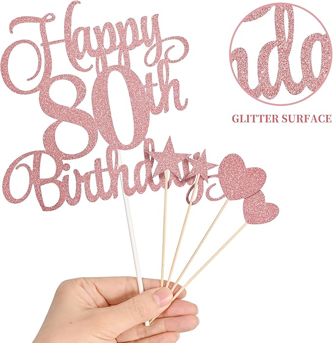 80th Birthday Cake Decorations, 80th Birthday Candles Cake Numeral Candles and Glitter Happy 80th Birthday Cake Toppers Set for Birthday Party Supplies (Rose Gold)