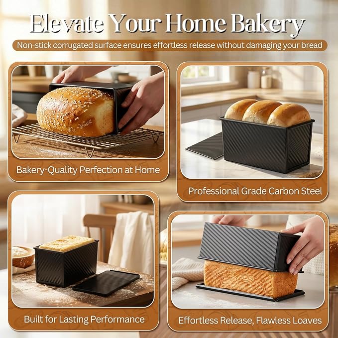 Flexzion 2 Pack Pullman Loaf Pan with Lid - 1 lb Dough Capacity Sandwich Bread Loaf Pan with Lid Cover - Non-Stick Carbon Steel Corrugated Toast Box Mold for Baking Homemade Sandwich, Sourdough, Black
