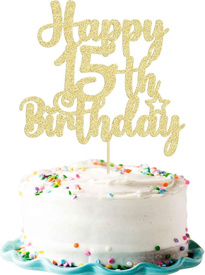 Gyufise 1Pc Happy 15th Birthday Cake Topper Glitter 15 & Fabulous Cheers to 15 Years Old Cake Pick for Celebrating 15th Birthday Anniversary Party Cake Decorations Supplies Gold