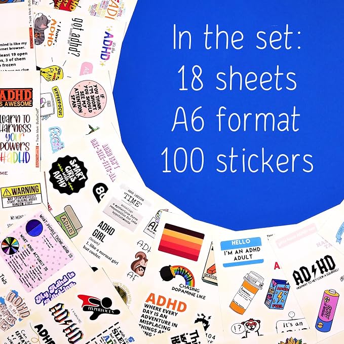 100Pcs Funny ADHD Stickers for Water Bottles, Laptops - ADHD Gifts for Adults - Neurodivergent, Neurodiversity Stickers Bulk - Mental Health Awareness Therapy Gifts for Women & Men