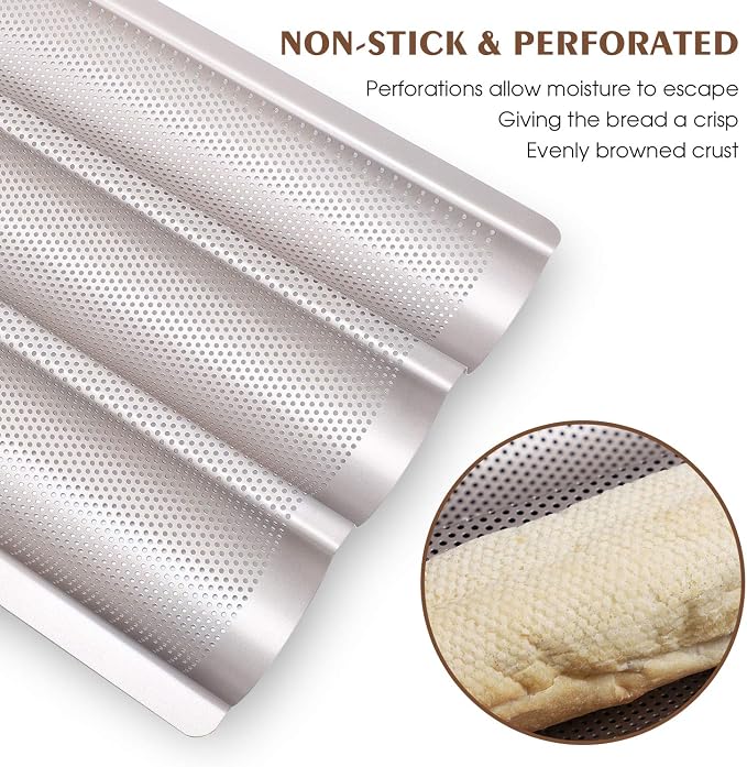 Baguette Pan, French Bread Pans For Baking Pan, Nonstick 3 Slots Perforated Italian Loaf Pan Mold Long French Bread Pan,Golden