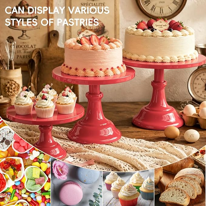 Three-piece Cake Stand Set, Metal Round Trays, 8-inch, 10-inch, and 12-inch, for Dessert Table displays; Perfect for Christmas, Thanksgiving, Birthdays, Weddings, and Other Celebrations(Red)