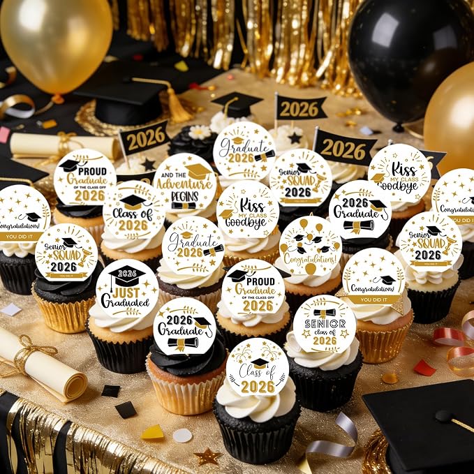 48pcs Edible Graduation Cap Cupcake Toppers Wafer Paper Graduation Diploma Cake Decorations Edible Congrats Grad Cupcake Picks for 2026 Graduation Theme Party Cake Decor Supplies