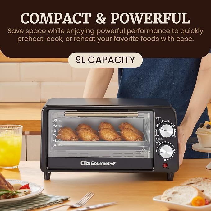Elite Gourmet ETO449 Countertop Toaster Oven, 9.5Qt / 4-Slice Capacity, Fits 8'' Pizza, 800W Quartz Heating, 200–450°F Adjustable Temperature, 30-Min Timer, Compact Mini Oven w/Bake Pan & Rack, Black