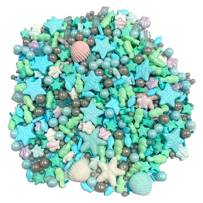 PhilaeEC Blue Ocean Sprinkle Hippocampi Starfish Shell Pearl Fish Mix Candy Edible Sea Theme Party Cake Decoration Baking Cookie Cupcake Toppers Valentines Halloween Christmas Supplies 3.35oz