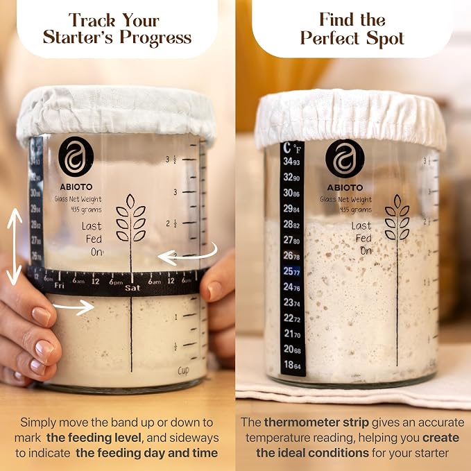 ABIOTO Sourdough Bread Baking Supplies and Starter Kit - Ultimate Bread Making and Sourdough Starter Kit with Proofing Baskets, 34oz Sourdough Jar, Bread Lame, Scrapers & Danish Whisk