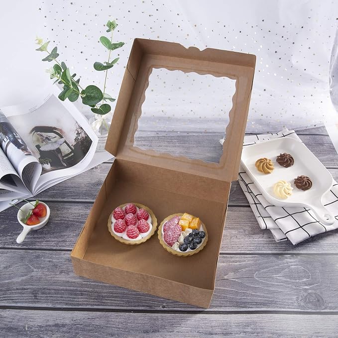 ONE MORE [15pcs] 9inch Kraft Bakery Boxes, Large Pie Boxes with PVC Window Natural Disposable box for Cookie 9x9x2.5inch,15 of Pack