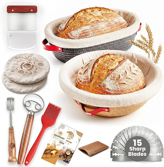 Riccle Cotton Rope Banneton Bread Proofing Basket Set, 9 Inch Round Bread Basket with Liners & Covers for Artisan Bread Baking, Sourdough Bread Baking Supplies (27)