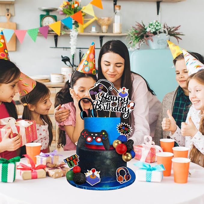 Video Game Cake Toppers Video Game Happy Birthday Controller Headset Cake Decoration Ball Cake Decoration for Game Theme Birthday Party Cake Decoration (Blue Colorful)