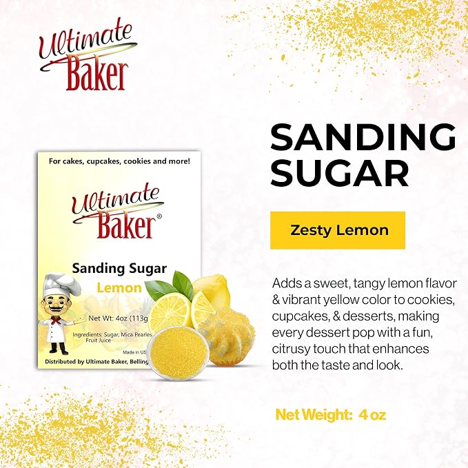 Ultimate Baker - Sanding Sugar, Lemon Flavor - Vibrant, Naturally Colored Baking & Decorating Sugar, Perfect for Sprinkling on Cakes, Desserts & Confections, Medium Crystal - 4oz