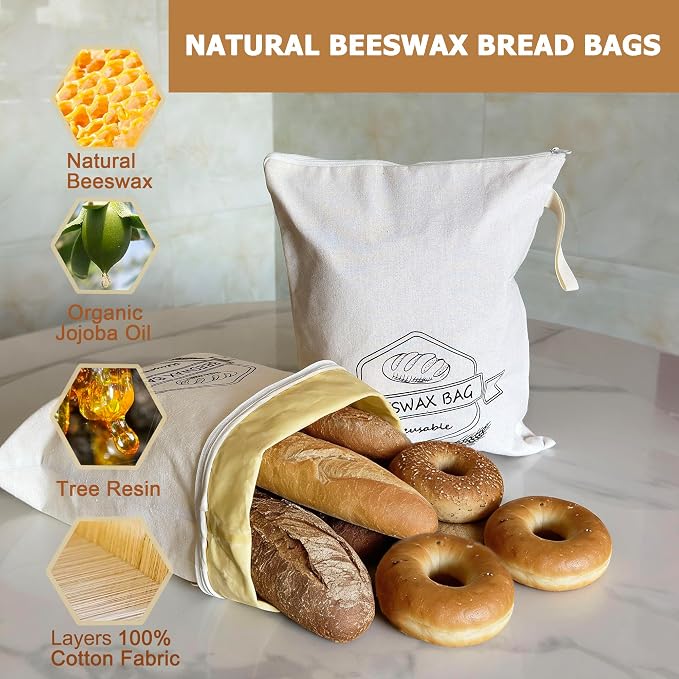 Puransen Zipper Beeswax Bread Bags for Homemade Bread and Fresh Bread Storage - Reusable Organic Beeswax Cotton Linen Storage Bags, Family Essentials Sourdough Bags with Zip to Keep Fresh - 2 Packs