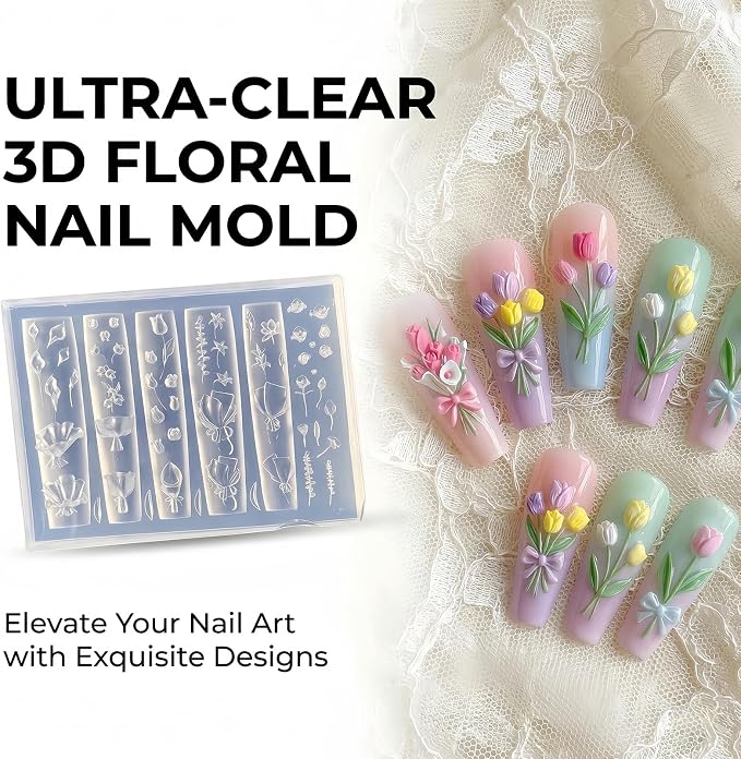 Tulip Flower Nail Art Silicone Mold, 3D Bouquet & Floral Stem Nail Charms Mold, Flexible Reusable Silicone Mold for Acrylic Gel Resin Nail Decoration, DIY Nail Accessories