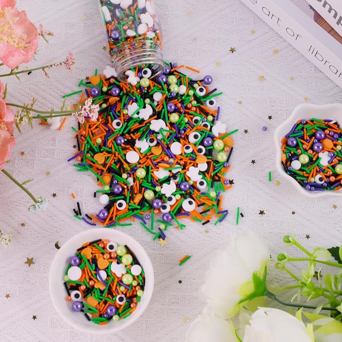 Candy Eyeballs Edible Halloween Sprinkles Edible Eyes Pumpkin Ghost Sprinkles Eyeball Sprinkle Candy Eyes for Decorating Black Orange Jimmies Sugar Pearls for Halloween Cookie Cake Topping 3.5 Oz