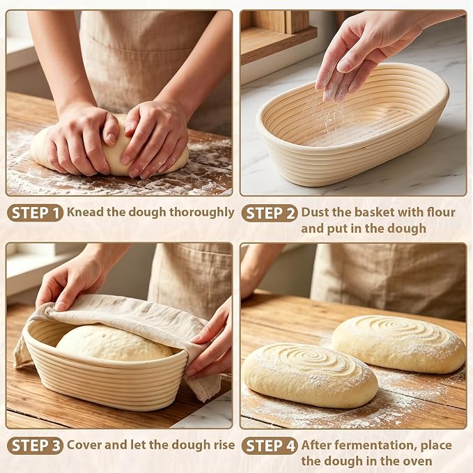 12 Pack Banneton Bread Proofing Basket 10 Inch Oval Rattan Banneton Baskets with Linen Liner Cloth Sourdough Basket Dough Proofing Basket for Professional & Home Sourdough Bread Baking