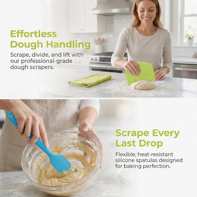 3 Pcs Silicone Jar Spatula Set + 4 Pcs Plastic Dough Bench Scraper, Heat Resistant Cream Butter Spreader, Flexible Bowl Scraper, Non-Slip Kitchen Baking Tools for Cake, Bread, Pastry Mixing