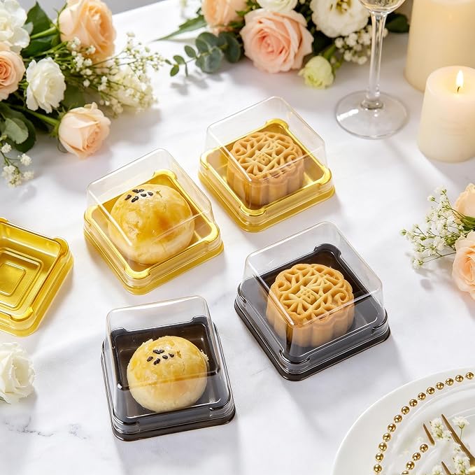 EchoDone 50 Set Clear Square Plastic Mini Cupcake Boxes (Gold) | Candy Muffin Square Mooncake Box Single Container Wedding Birthday Gift Box