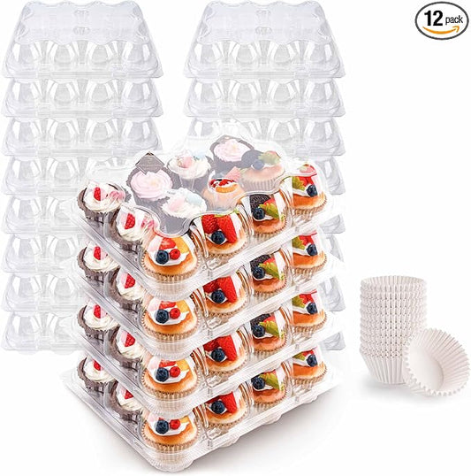 NPLUX 12 Count Cupcake Containers 12 Pack Cupcake Holders Plastic Stackable Cupcake Boxes with Detachable Tall Dome Lids and 144 Liners for 144 Cupcakes, BPA Free, Standard Size