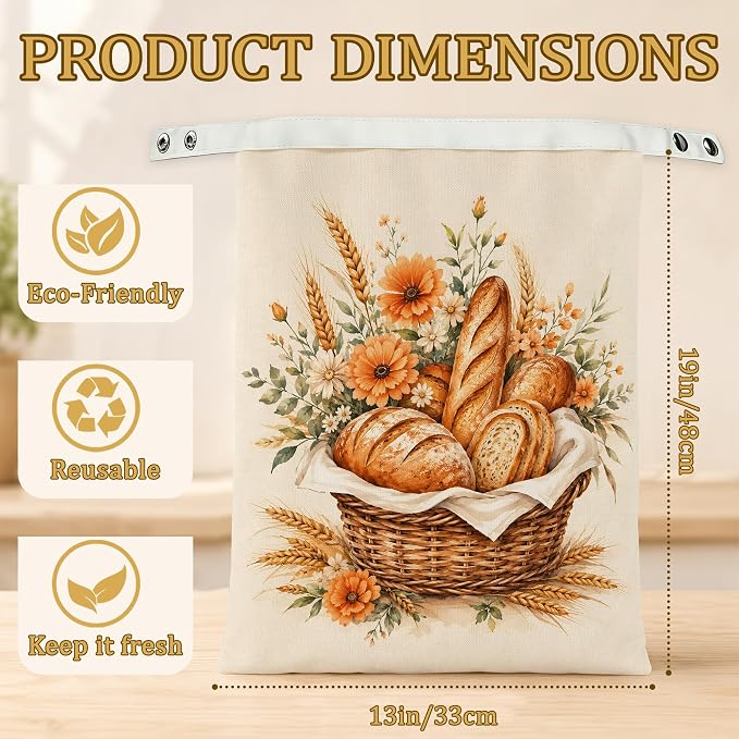 2 Pack Beeswax Basket Floral Bread Bags for Sourdough, Reusable Linen Golden Wheat Bread Bag 17x13'' Food Storage Cloth Bag Freezer-Friendly & Freshness Preservation