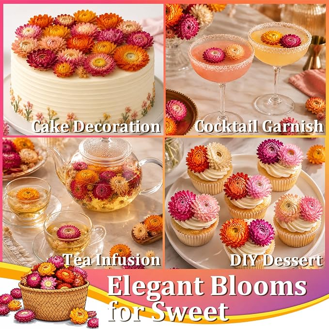 130+ Edible Dried Mixed Flowers for Cake Decorations - Food Grade Natural Color Strawflower, Dried Flower for Drink Toppers, Cocktail Garnish, Cupcakes & DIY Crafts