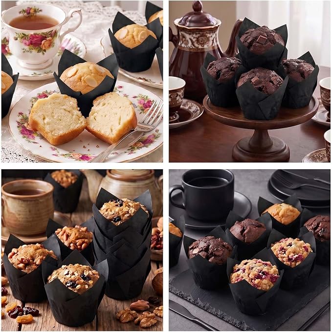 200 Pcs Black Tulip Cupcake Liners for Baking, Standard Size | Standard Greaseproof Tulip Muffin Liners for Baking, 3oz Black Paper Cupcake Wrappers for Party Wedding Birthday