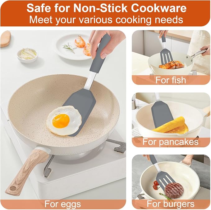2 Pack Silicone Kitchen Spatula Set, 600°F Heat Resistant (Gray) | BPA Free, Solid & Slotted Turner, Non-Toxic Cooking Utensils, Safe for Non Stick Frying Pan, Dishwasher Safe