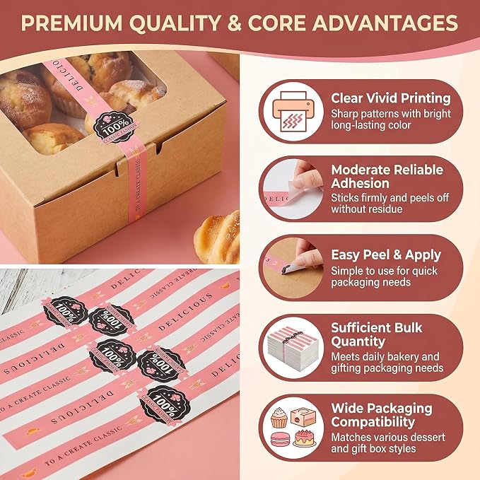 100Pcs Bakery Sealing Stickers Self Adhesive Food Package Seal Labels Long Strip Decorative Tamper Evident Stickers for Cake Box Pastry Handmade Baking Supplies